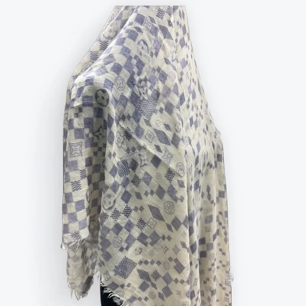 Auth Louis Vuitton Damier Azur Semi Sheer Cashmere / Silk Shawl Stole Wrap Scarf